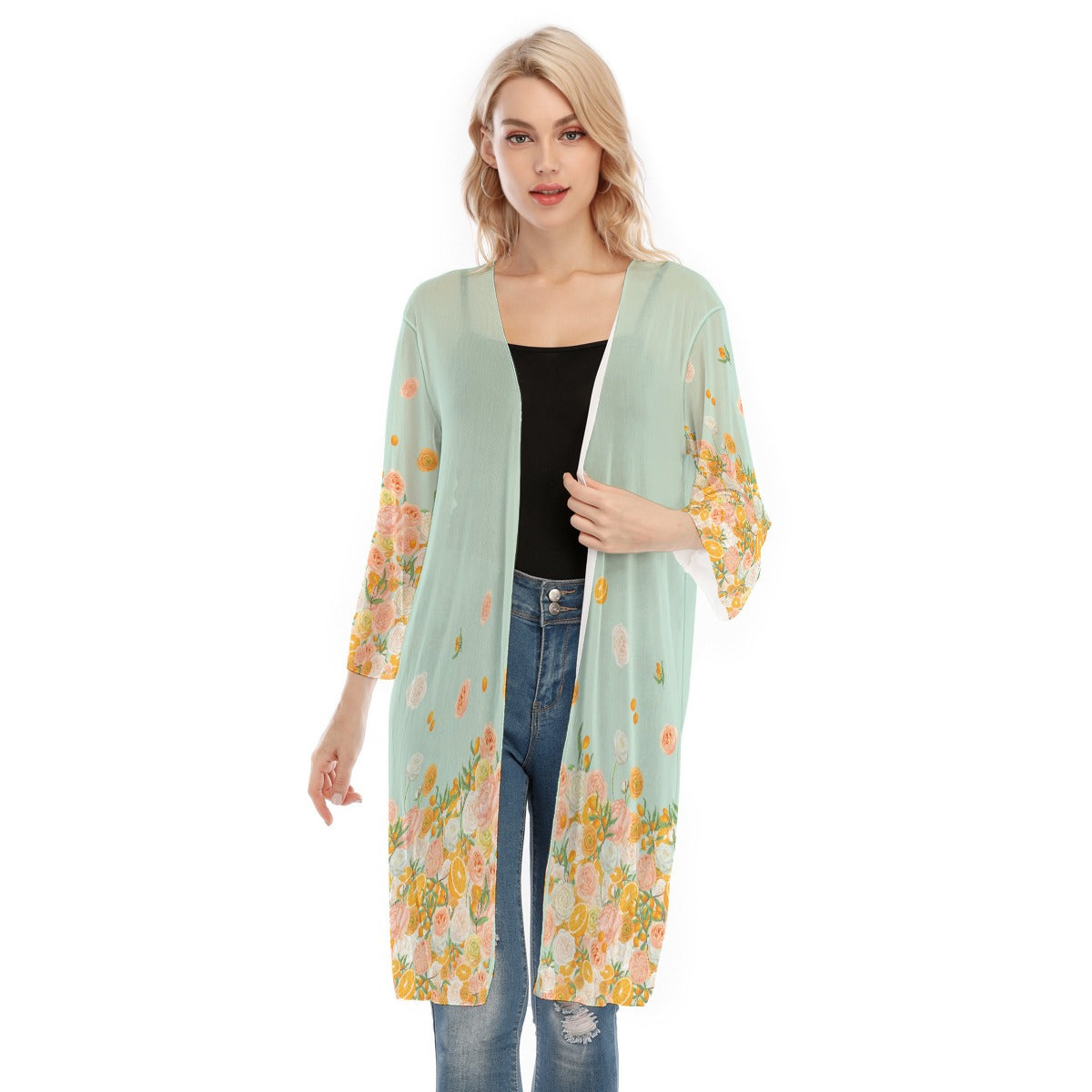 Citrus Blossom Women's V-neck Mesh Cardigan in Mint