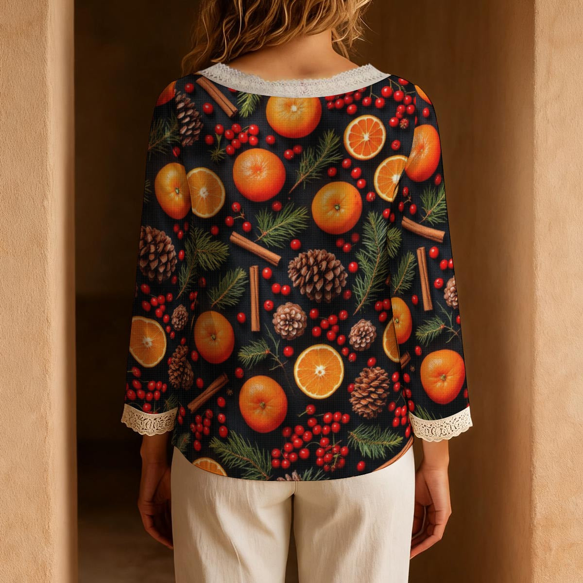 Christmas Oranges Spice Women's Long-Sleeve Casual Top With Tie Collar