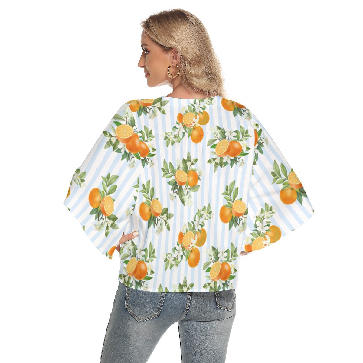 French Blue Citrus Stripes Button-Up Woman's Flowy Sleeve Blouse