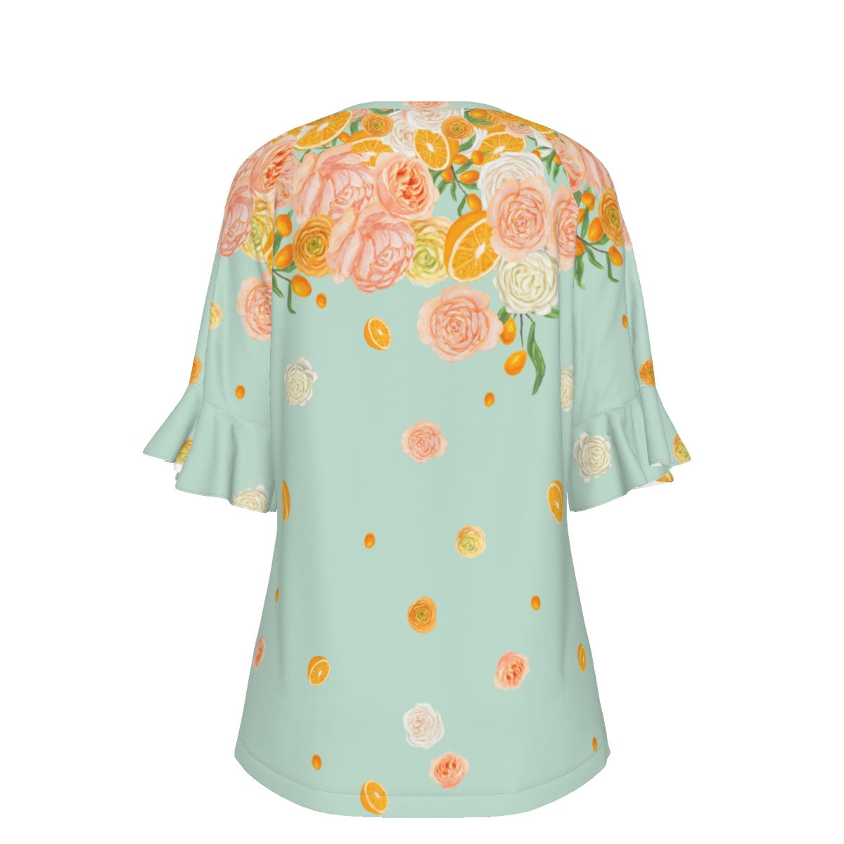 Citrus Blossom V-neck Women's T-shirt With Bell Sleeve in Mint