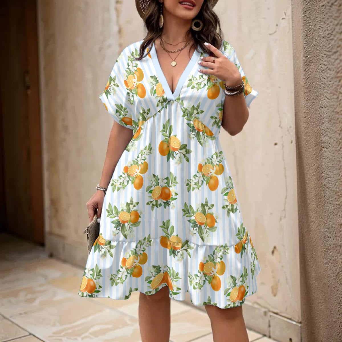 French Blue Citrus Women’s V-Neck Short Sleeve Dress