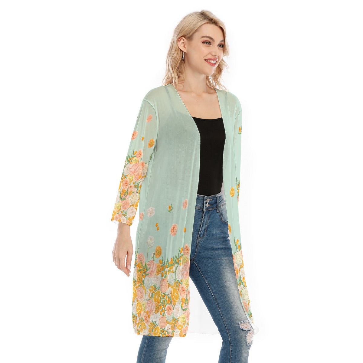 Citrus Blossom Women's V-neck Mesh Cardigan in Mint