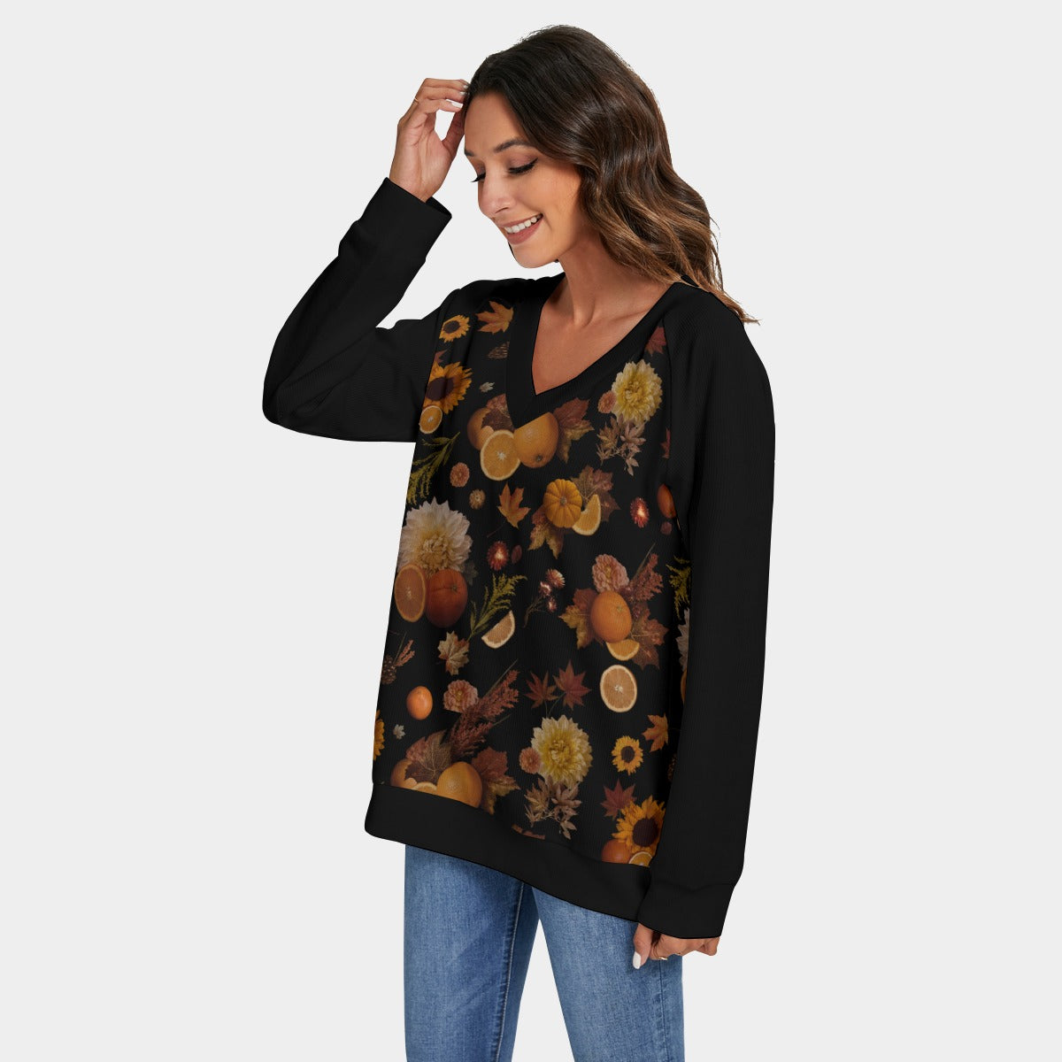 Orange Harvest Women's V-neck Imitation Knitted Sweater With Long Sleeve