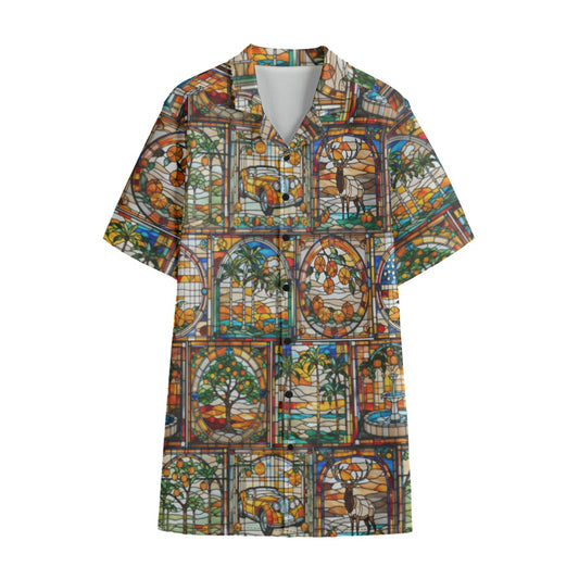 Orange Elks Stained Glass Men's Hawaiian Shirt With Button Closure |115GSM Cotton poplin