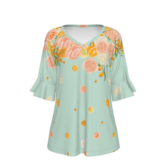 Citrus Blossom V-neck Women's T-shirt With Bell Sleeve in Mint