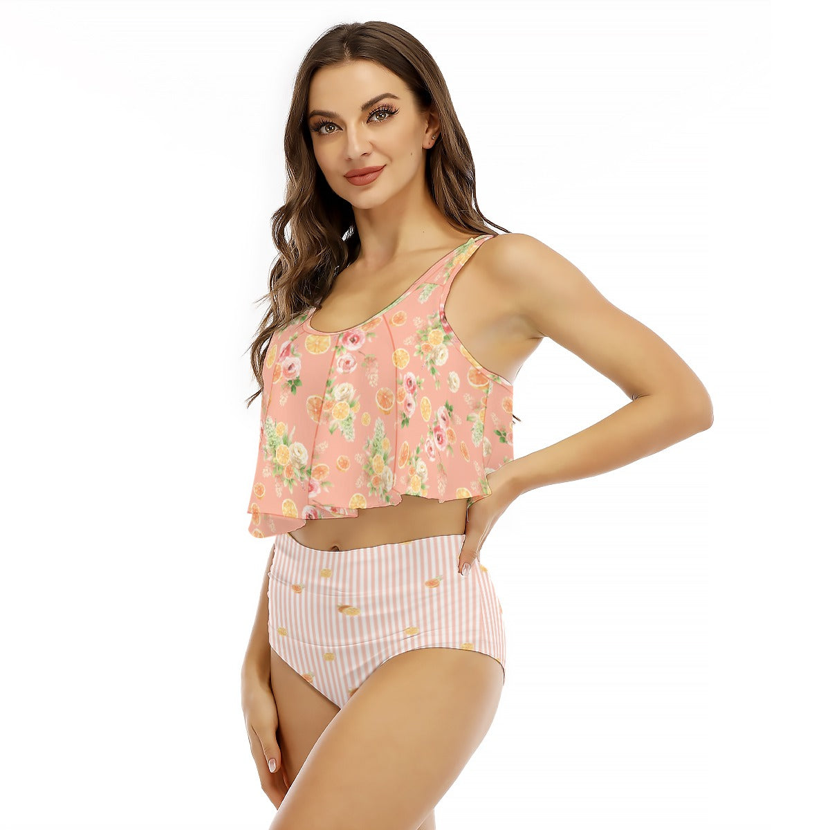 Orange Floral Women's Ruffled Vest Bikini Swimsuit
