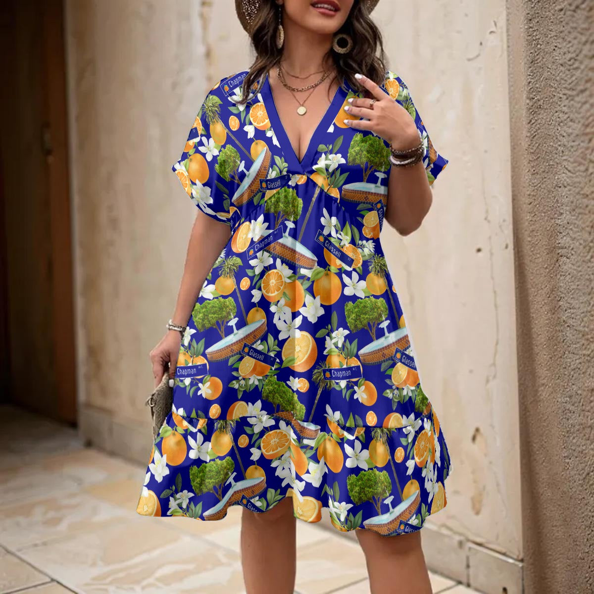 Old Towne Hawaiian Women’s Floral V-Neck Short Sleeve Dress in Blue