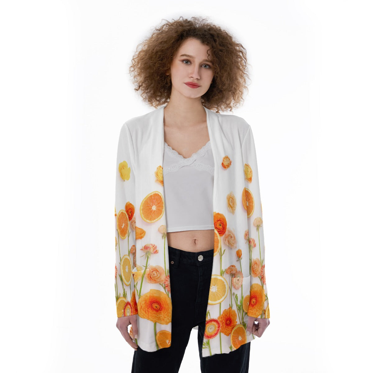 Floral Cara Cara All-Over Print Women's Patch Pocket Cardigan