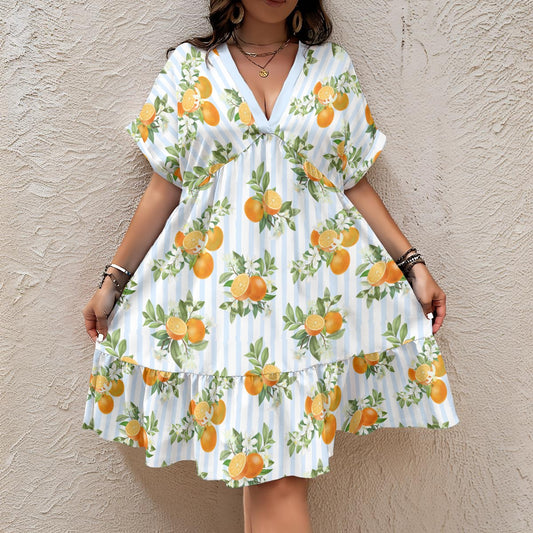 French Blue Citrus Women’s V-Neck Short Sleeve Dress