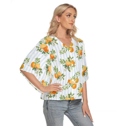 French Blue Citrus Stripes Button-Up Woman's Flowy Sleeve Blouse