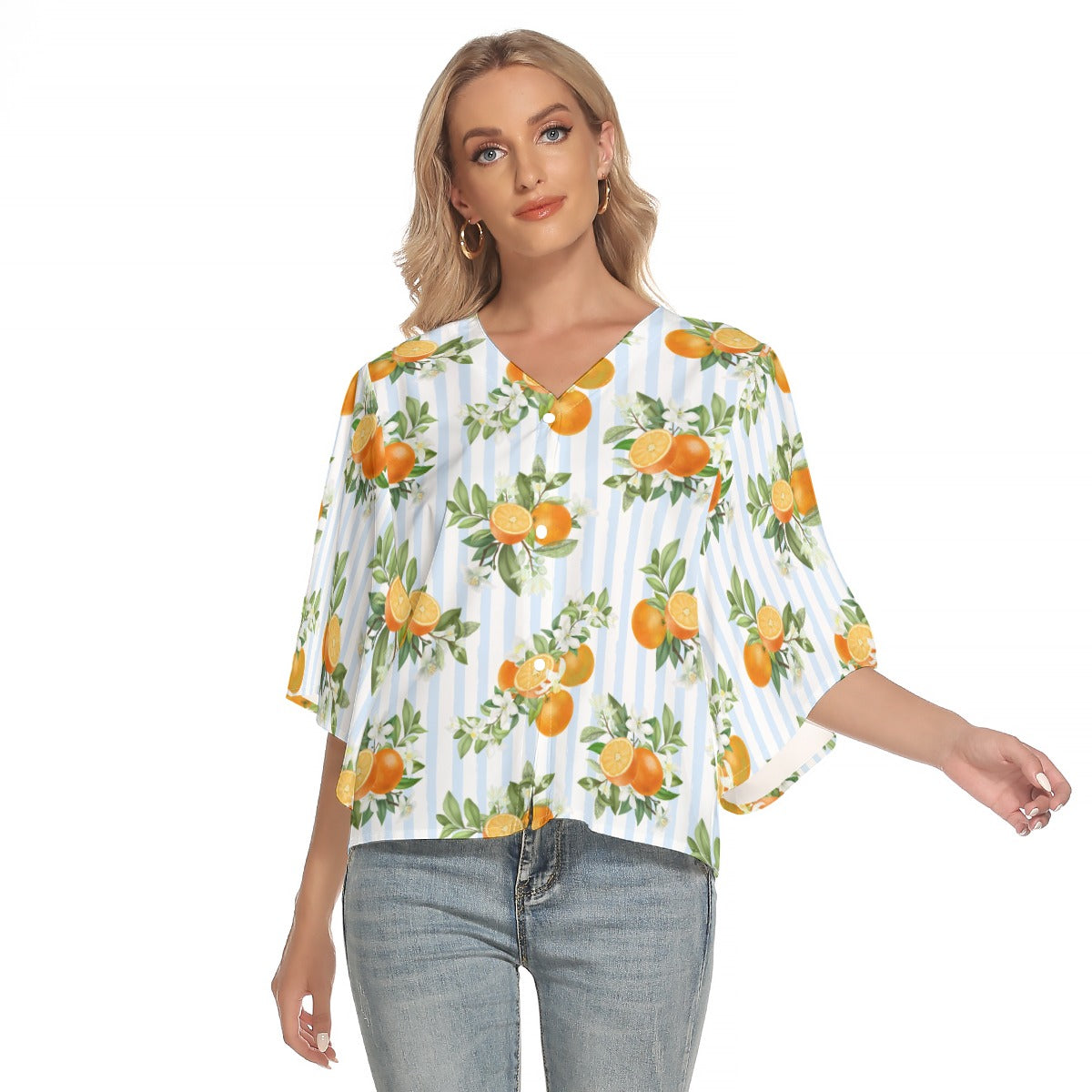 French Blue Citrus Stripes Button-Up Woman's Flowy Sleeve Blouse