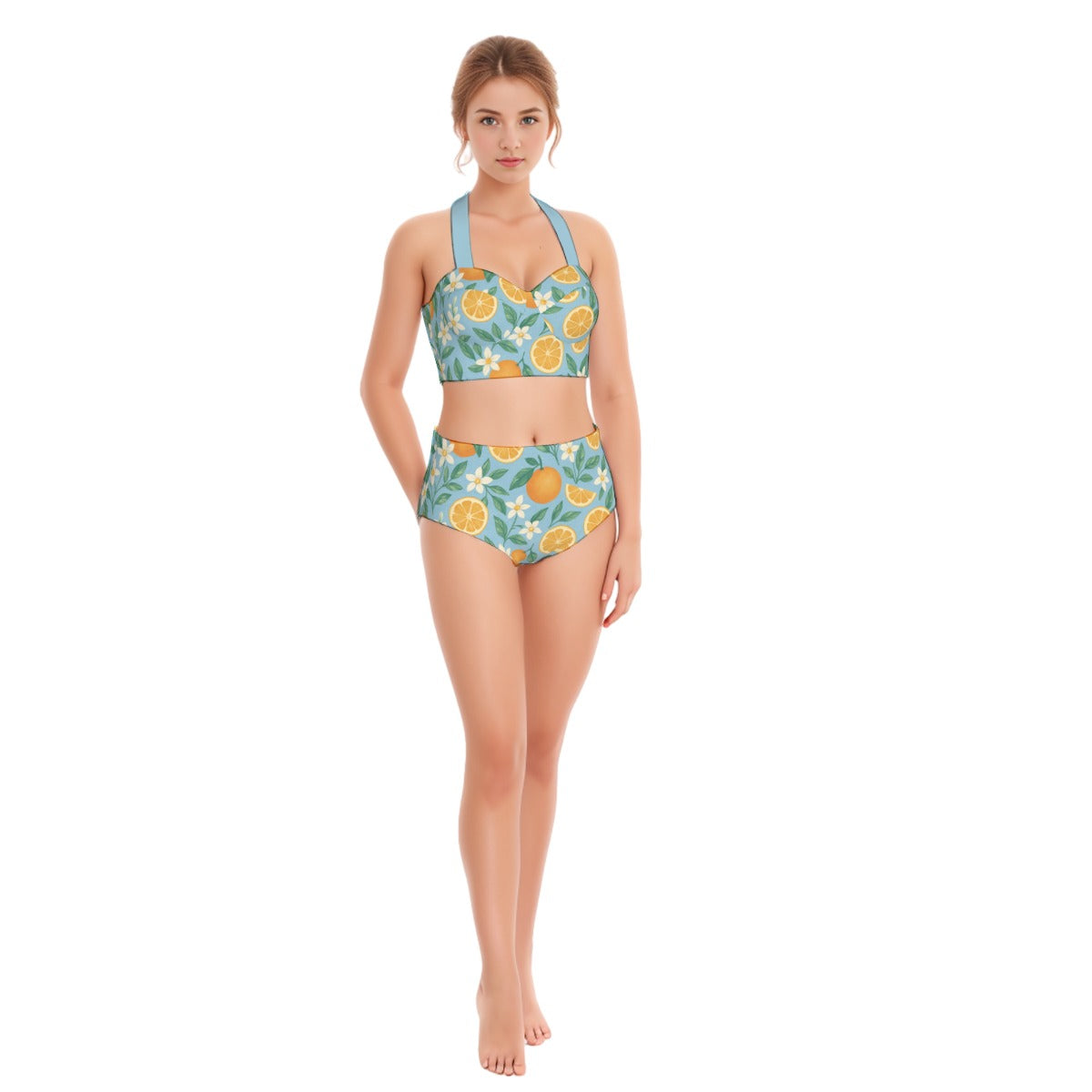 Playful Orange Blossoms Women's Swimsuit Set With Halter
