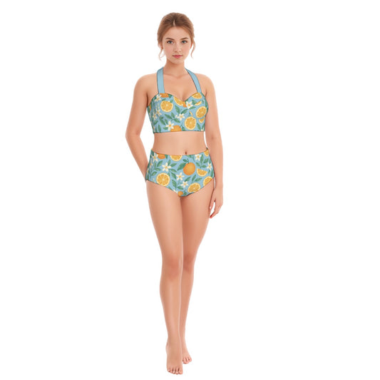 Playful Orange Blossoms Women's Swimsuit Set With Halter