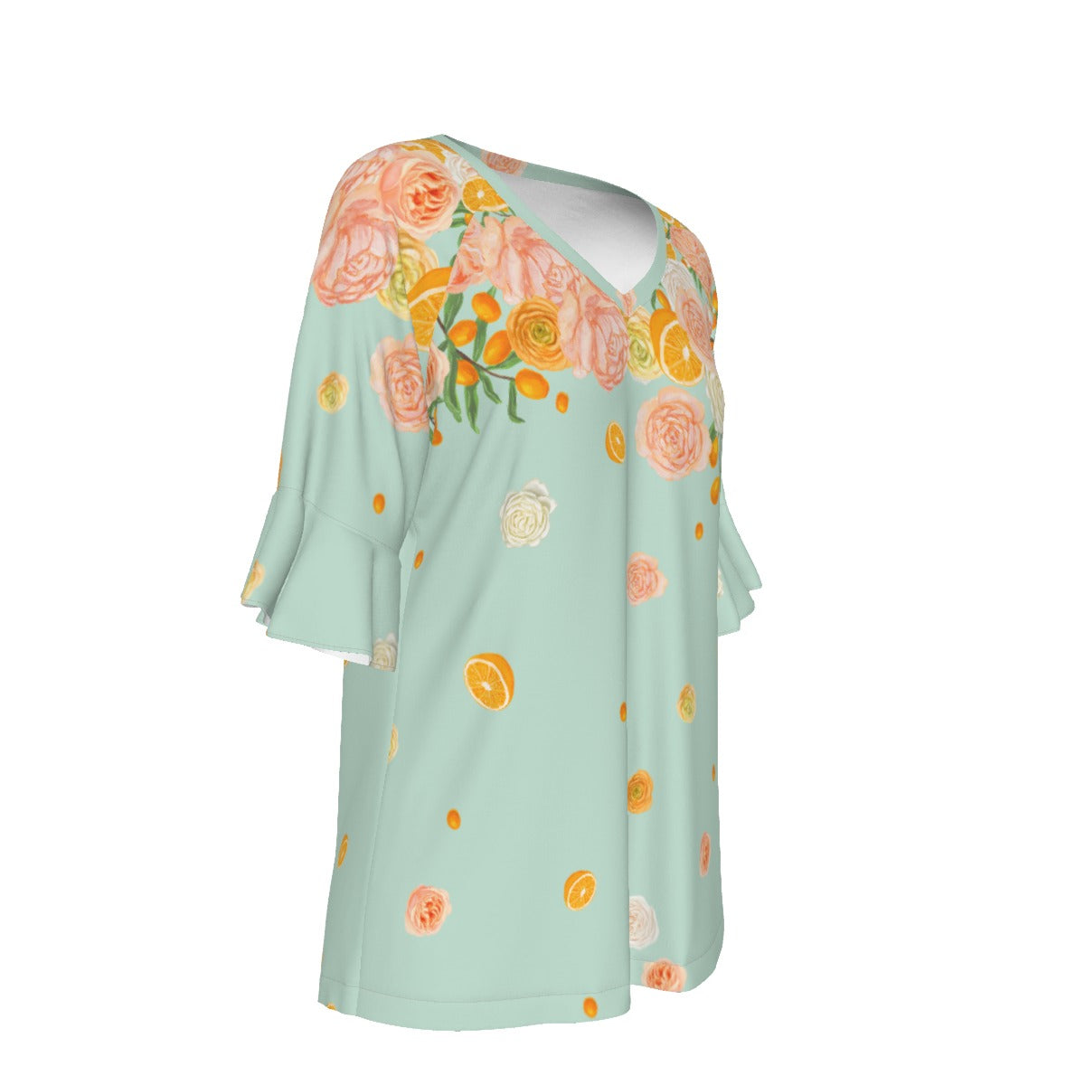 Citrus Blossom V-neck Women's T-shirt With Bell Sleeve in Mint