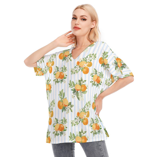 French Blue Citrus Stripes Woman's Flowy Sleeve Blouse 100% Cotton