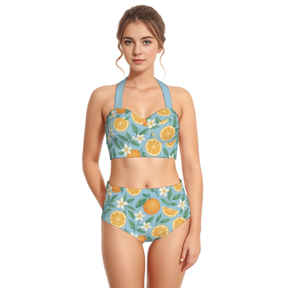 Playful Orange Blossoms Women's Swimsuit Set With Halter