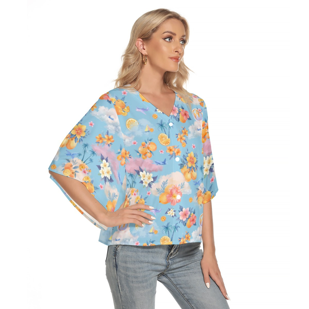 Heidi's Bat Sleeve Light V-neck Front Buttoned Top