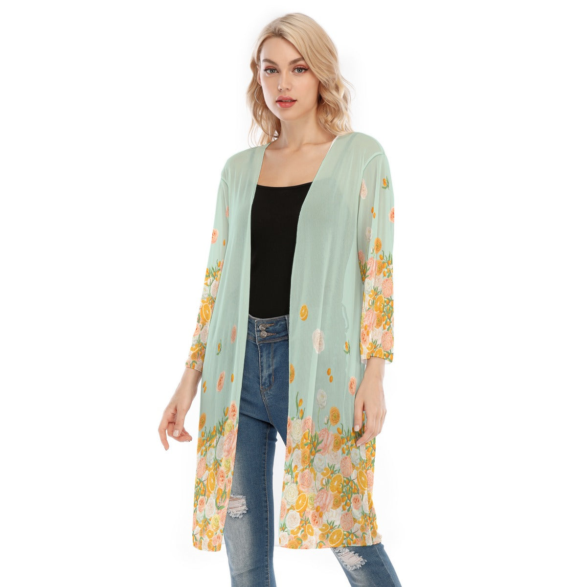 Citrus Blossom Women's V-neck Mesh Cardigan in Mint