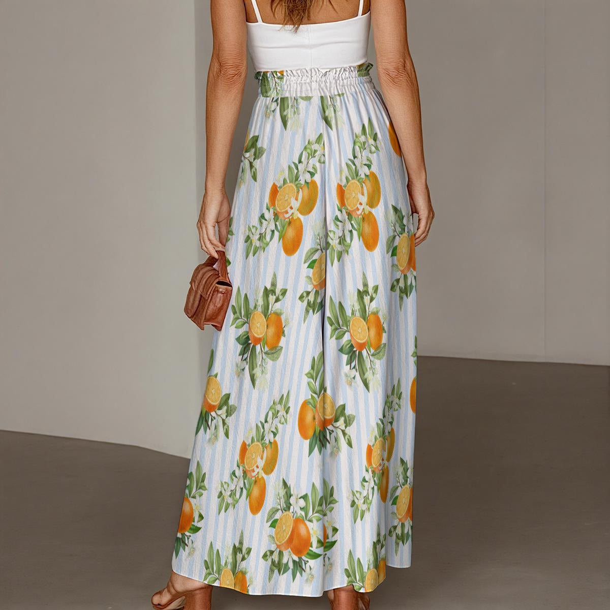 French Blue Citrus Stripes Women's Ruffled Wide-Leg Pants