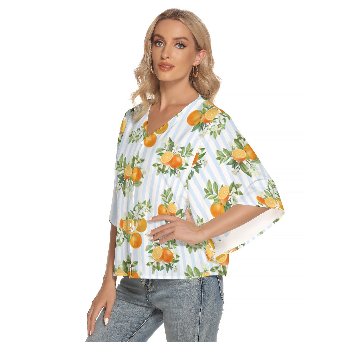 French Blue Citrus Stripes Button-Up Woman's Flowy Sleeve Blouse