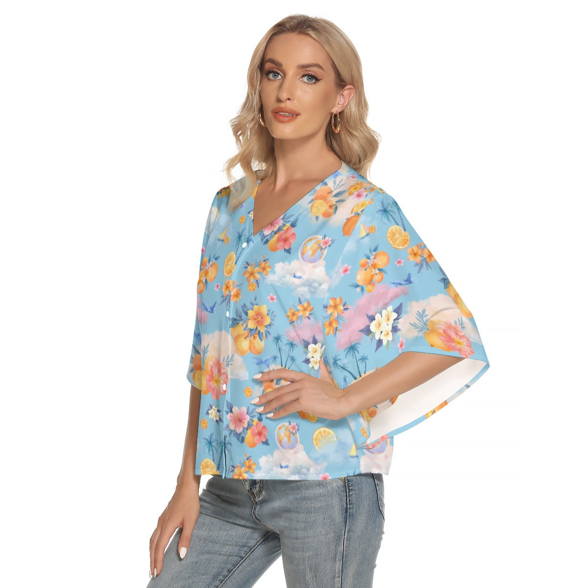 Heidi's Bat Sleeve Light V-neck Front Buttoned Top