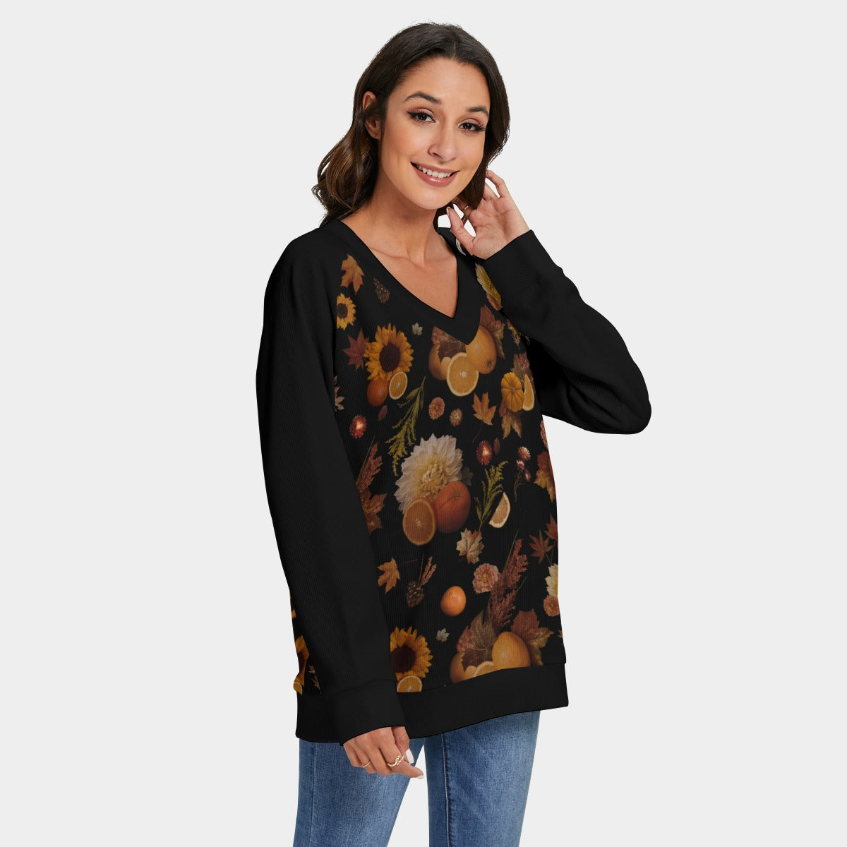 Orange Harvest Women's V-neck Imitation Knitted Sweater With Long Sleeve