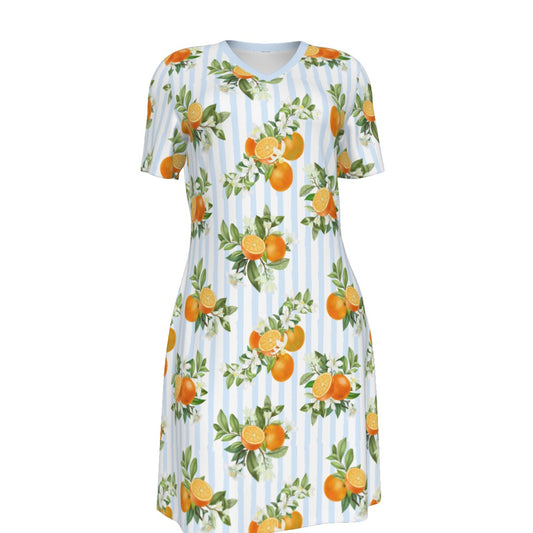 French Blue Citrus Women's V Neck Dress. 100% Cotton