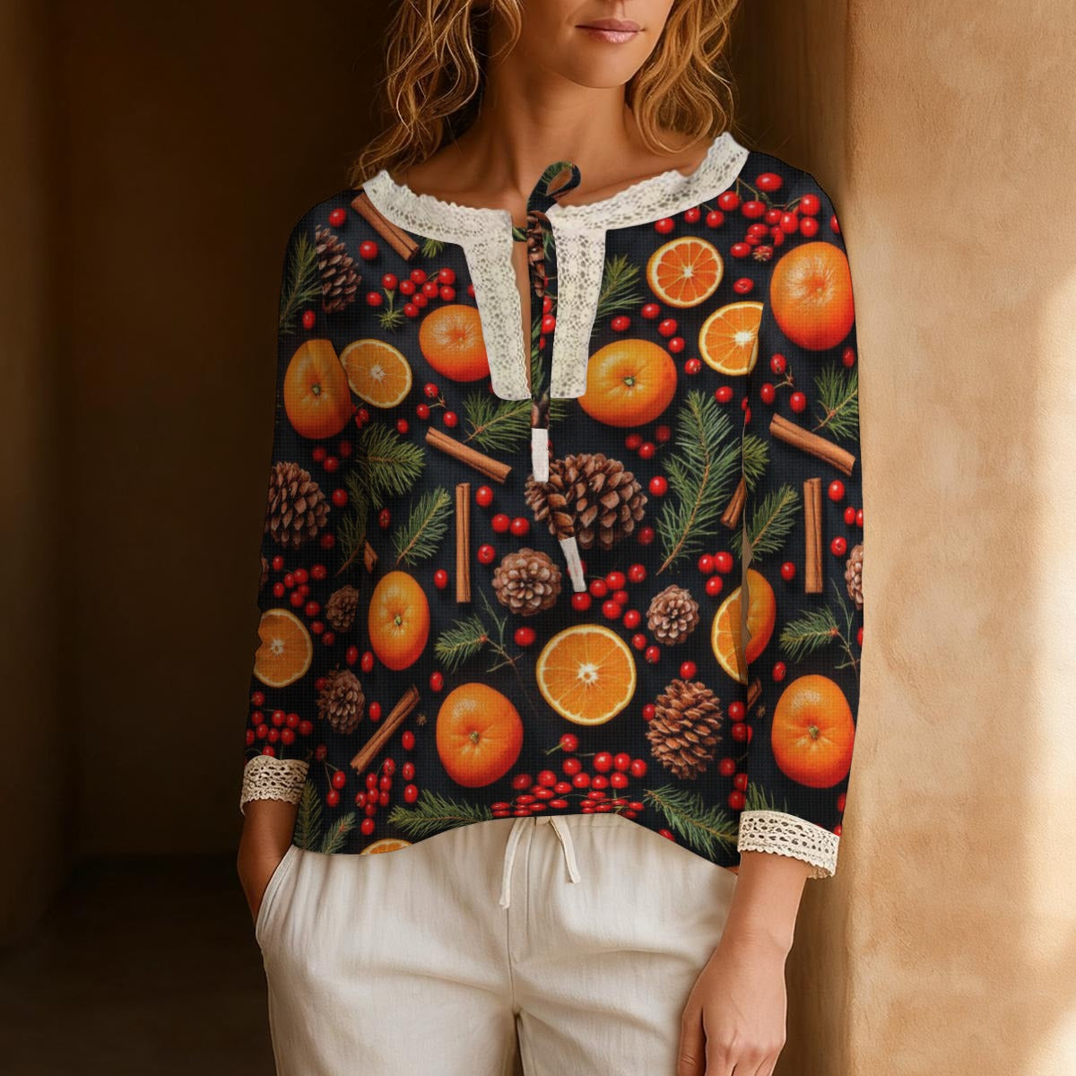 Christmas Oranges Spice Women's Long-Sleeve Casual Top With Tie Collar