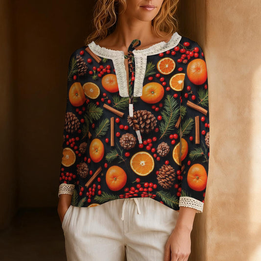 Christmas Oranges Spice Women's Long-Sleeve Casual Top With Tie Collar
