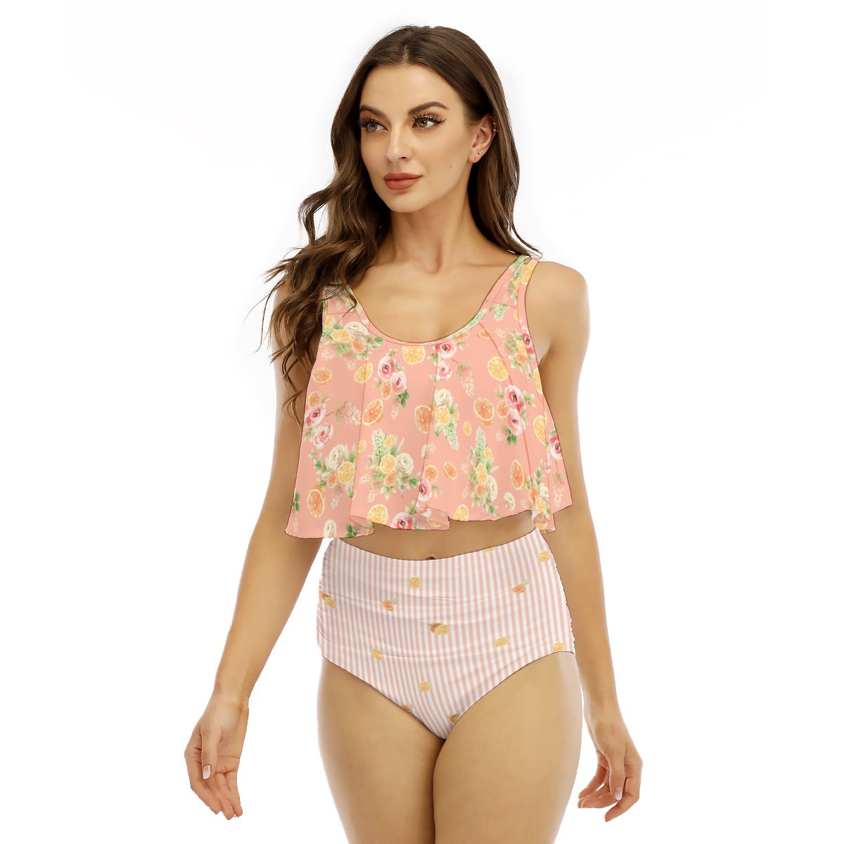 Orange Floral Women's Ruffled Vest Bikini Swimsuit