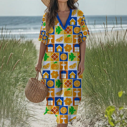 Retro Old Towne Orange  Women's Loose V-Neck Summer Dress