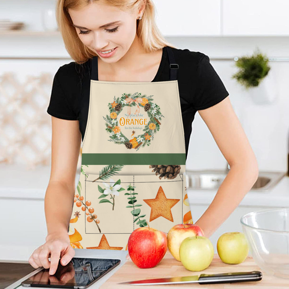 Orange for the Holidays Christmas Apron with Hunter Green Stripe