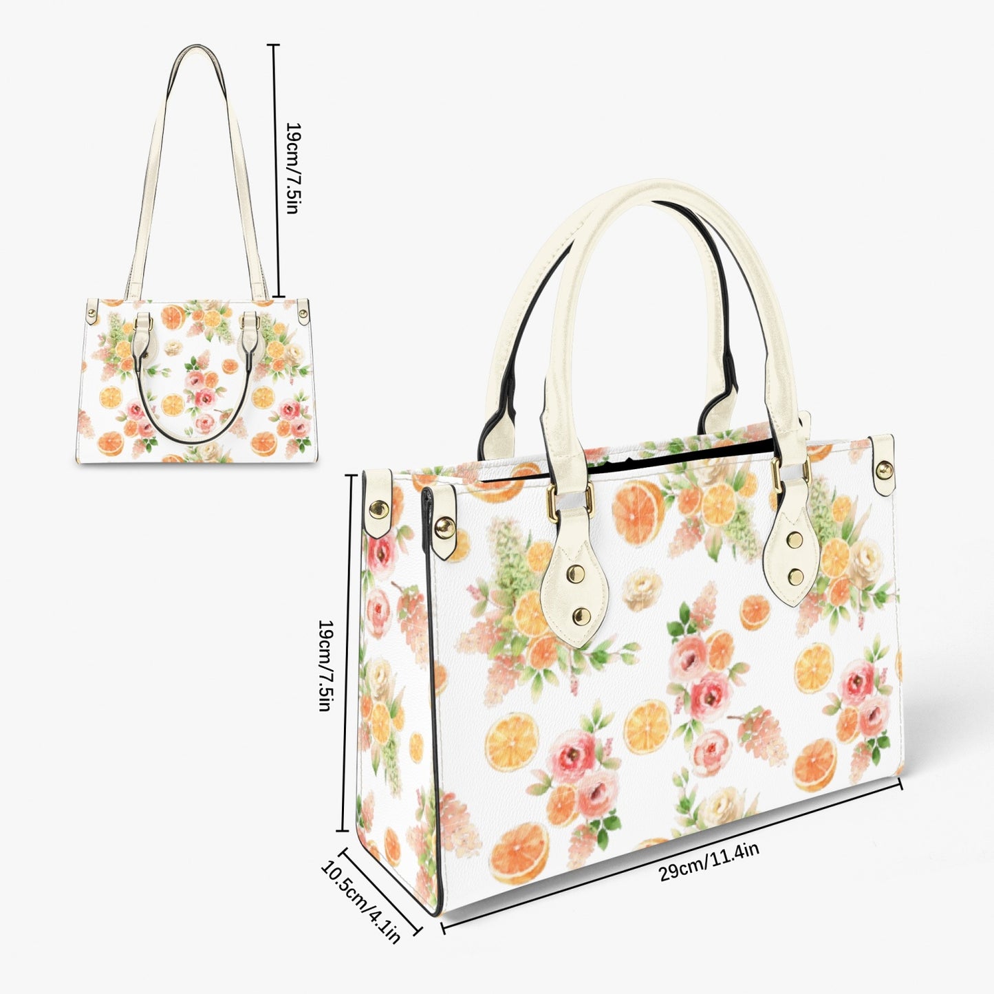 Orange Floral Women's Tote Purse - White