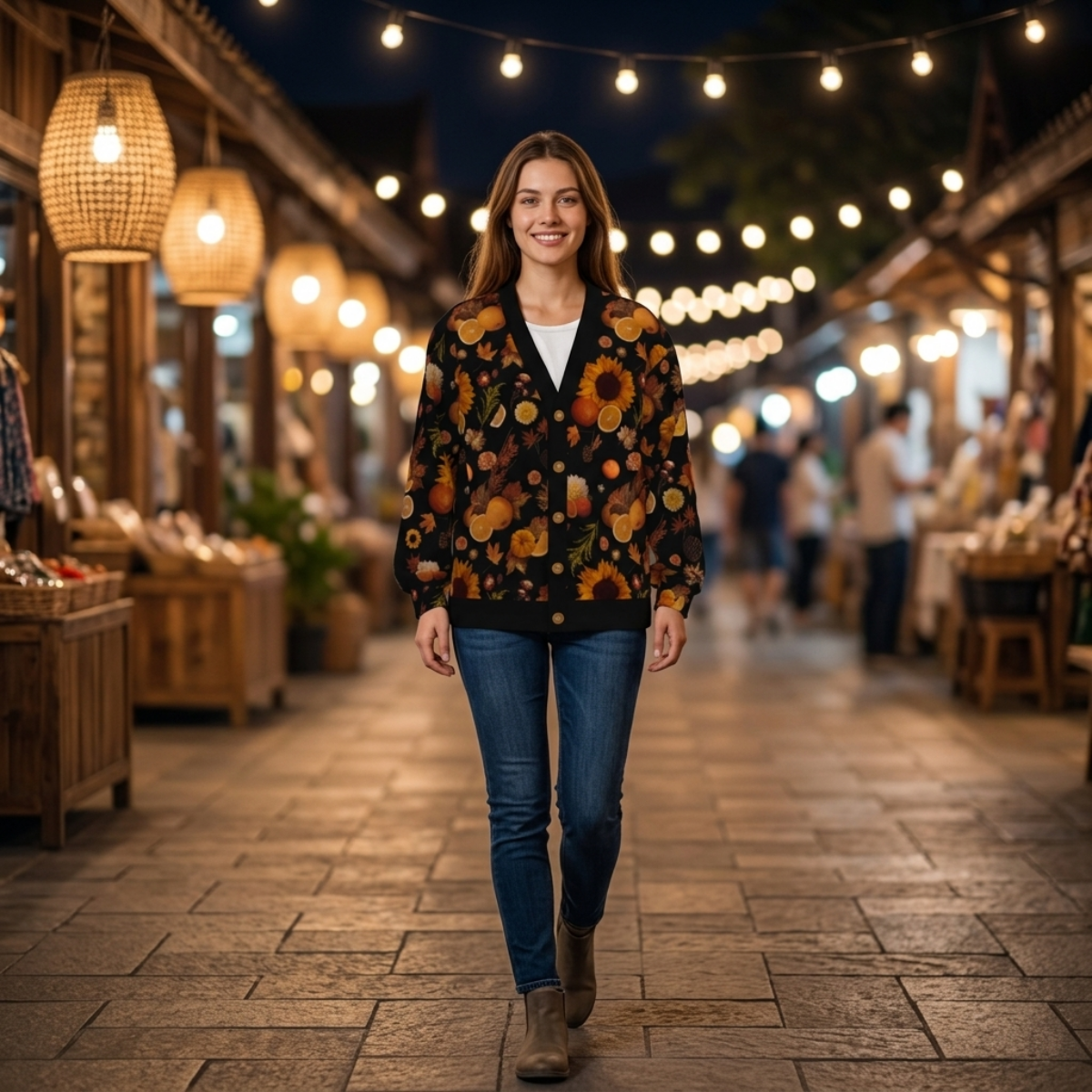 All-Over Print Unisex V-neck Knitted Fleece Cardigan With Button Closure