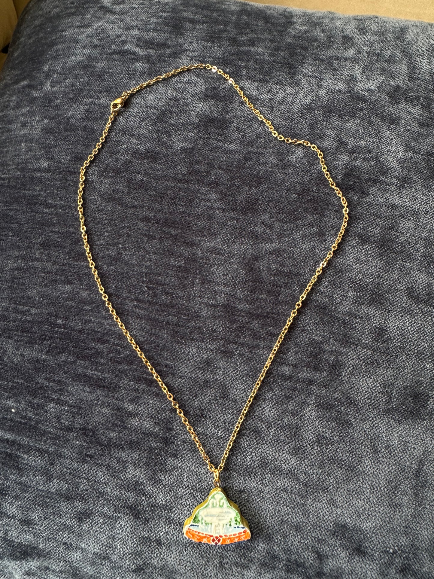 Handpainted Orange Plaza Fountain Necklace - Gold Ring Chain