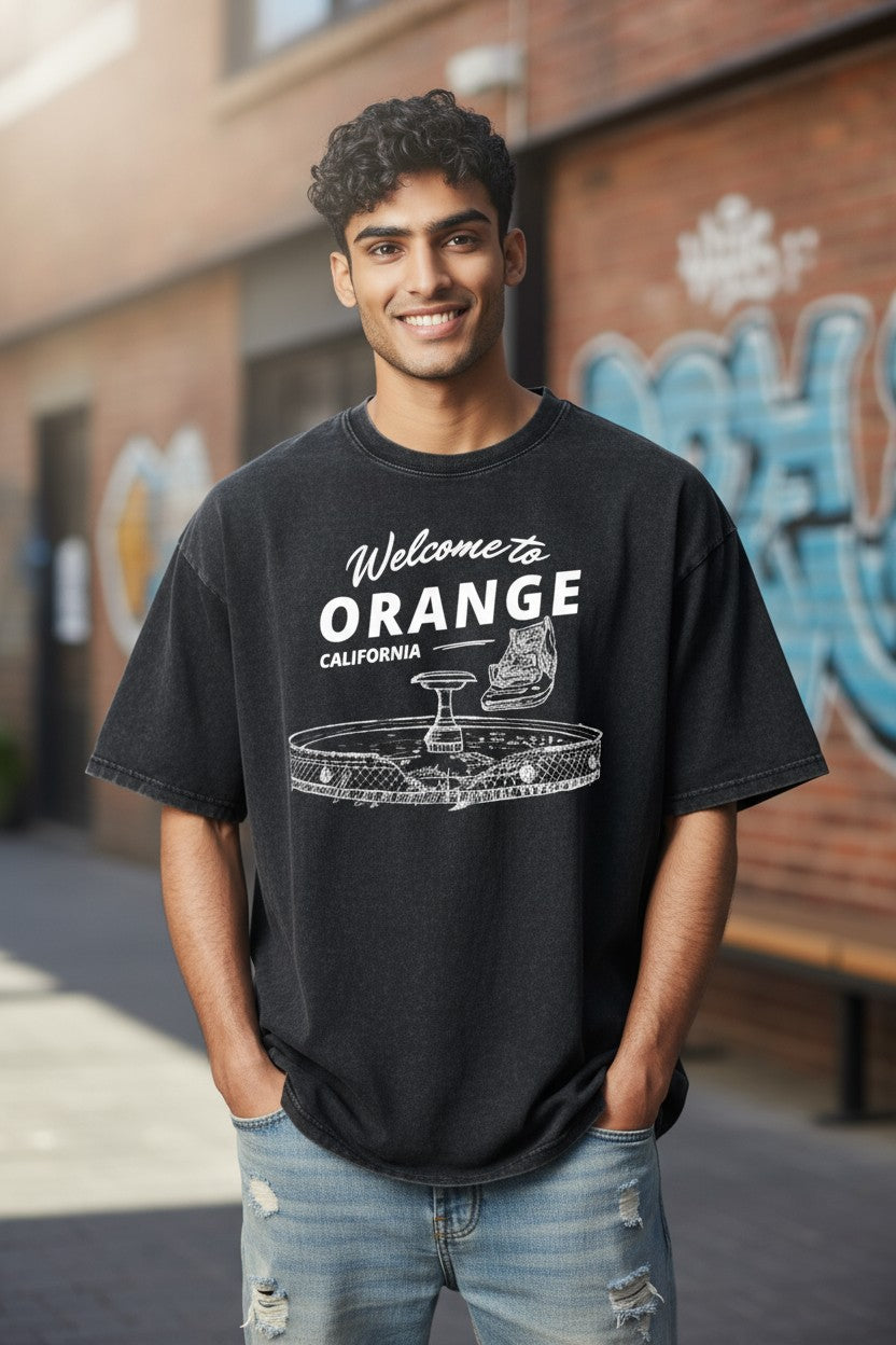 "Welcome to Orange" Fountain Crash Snow Washed Oversized Cotton T-Shirt