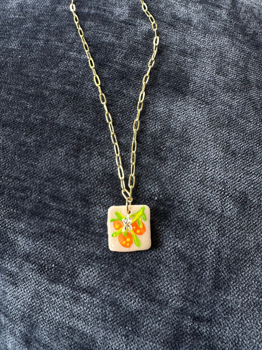 Hand painted Square Orange Blossom Necklace