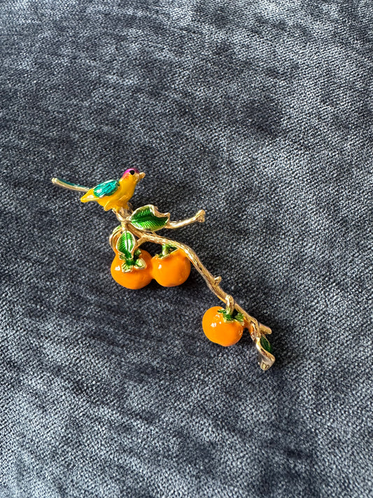 Parrot and Orange Branch Brooch