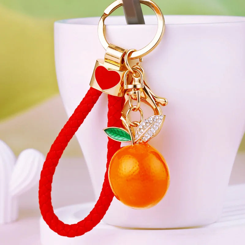Creative Fruit Series Imitation Orange Keychains Men Car Key Rhinestone Pendant Small Gift for Women Cute Bag Pendant Jewellery