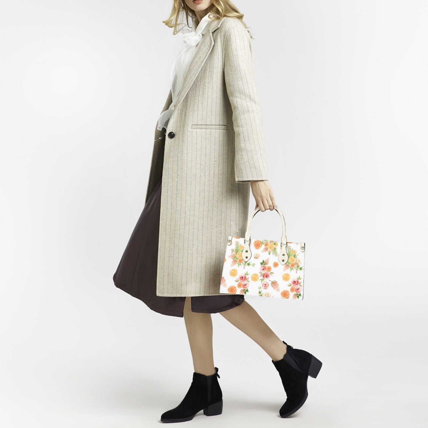 Orange Floral Women's Tote Purse - White