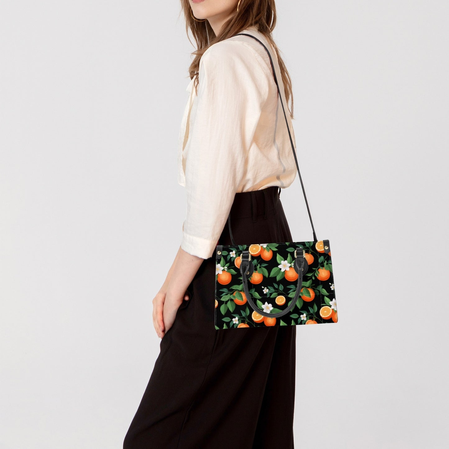 Black Orange Floral Women's Purse - Long Strap