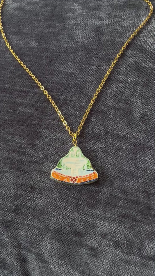 Handpainted Orange Plaza Fountain Necklace - Gold Ring Chain