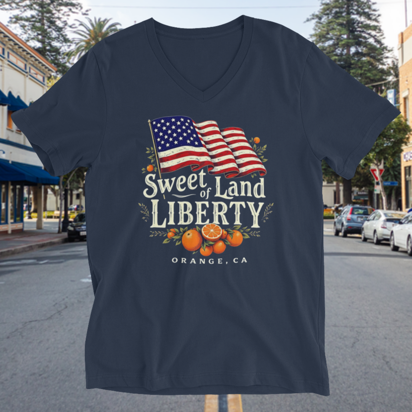 Sweet of Land of Liberty V-Neck Tee – Orange, CA Edition