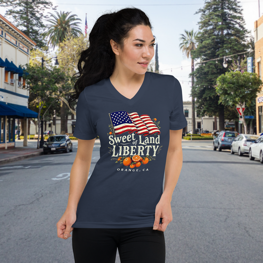 Sweet of Land of Liberty V-Neck Tee – Orange, CA Edition
