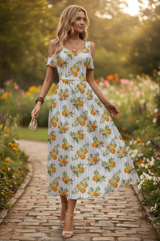 French Citrus Women's V-neck Off-shoulder Dress
