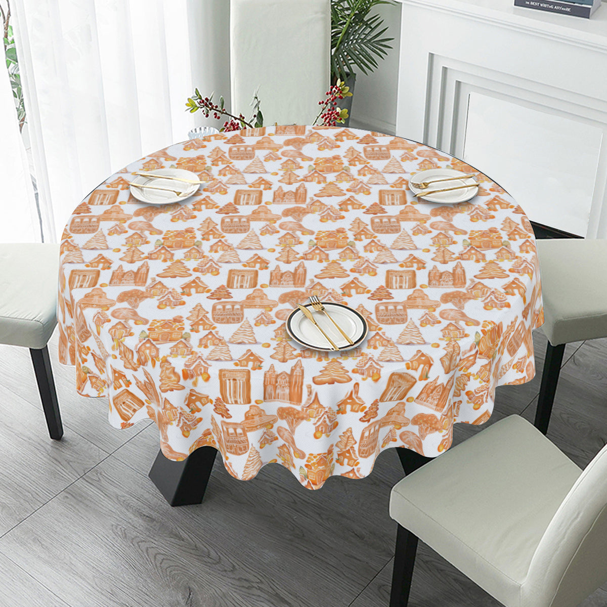 Old Towne Orange Gingerbread Village Round Tablecloth