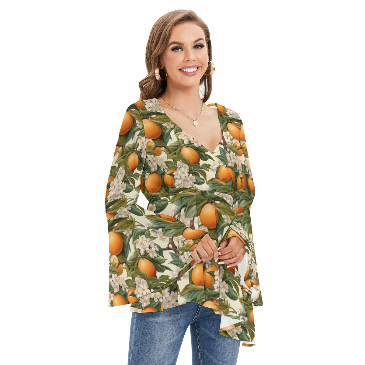 Botanical Oranges Women's V-neck Blouse With Flared Sleeves