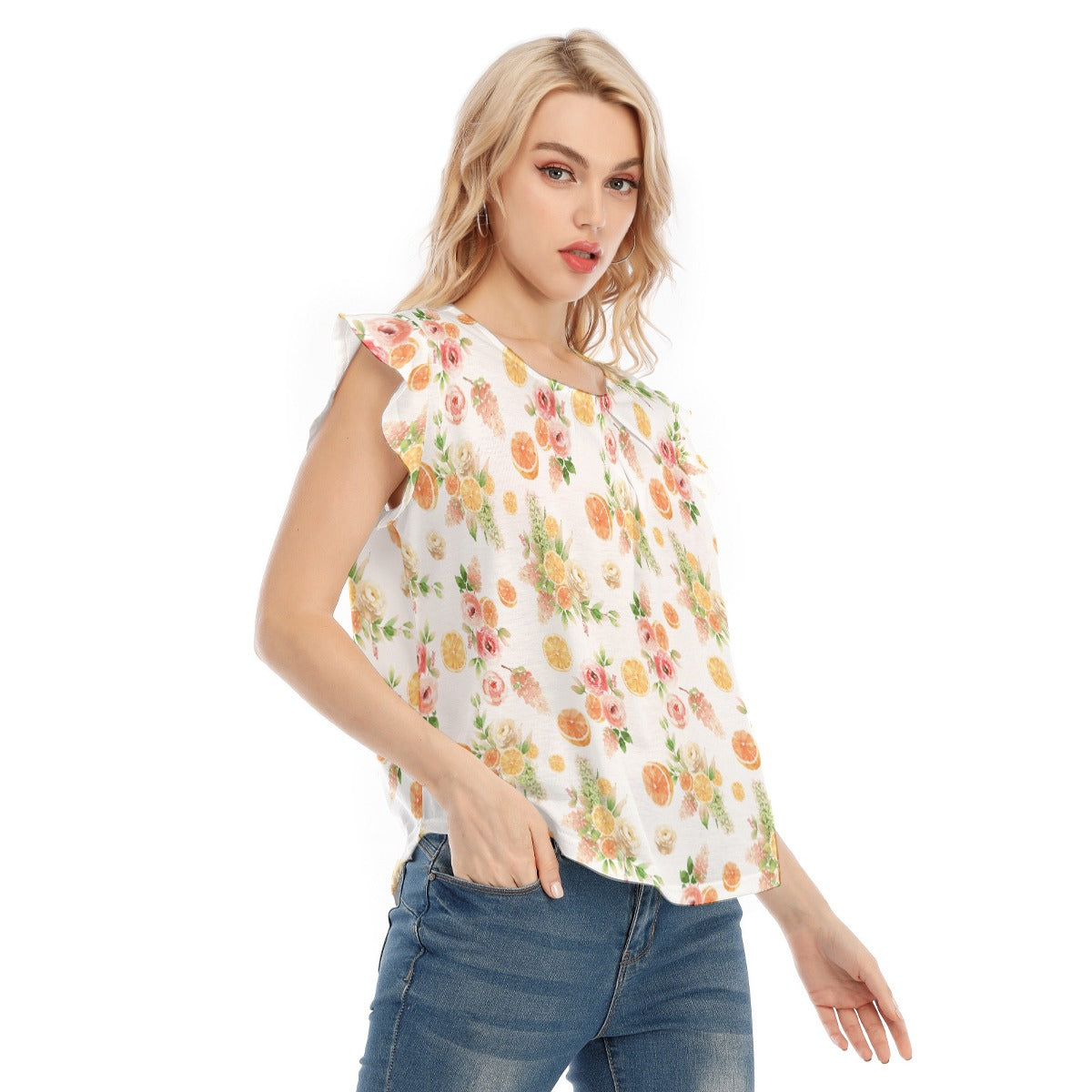 Spring Floral Orange Women's O-neck T-shirt With Ruffle Sleeves in White