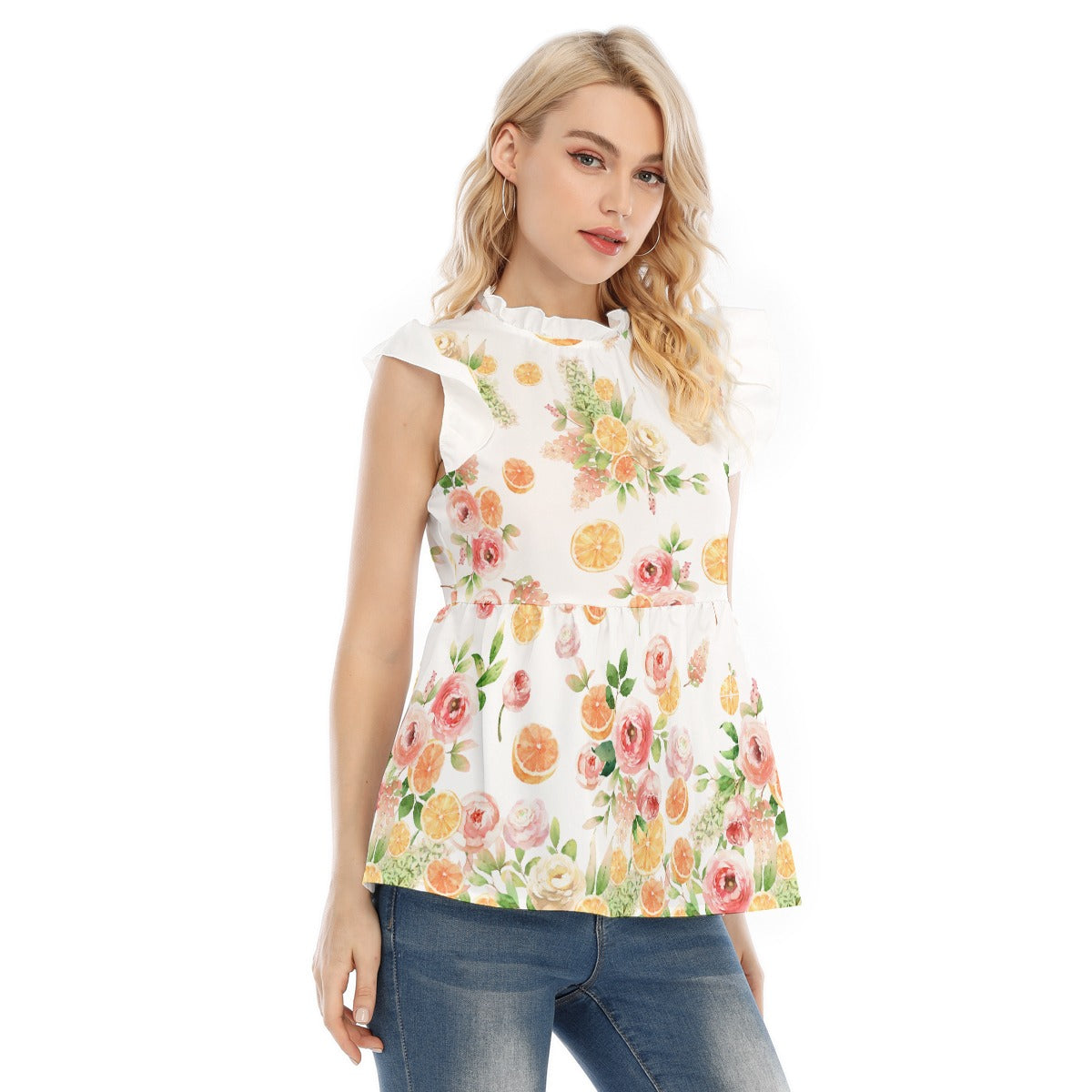 All-Over Print Women's Blouse With Lotus Leaf Lace