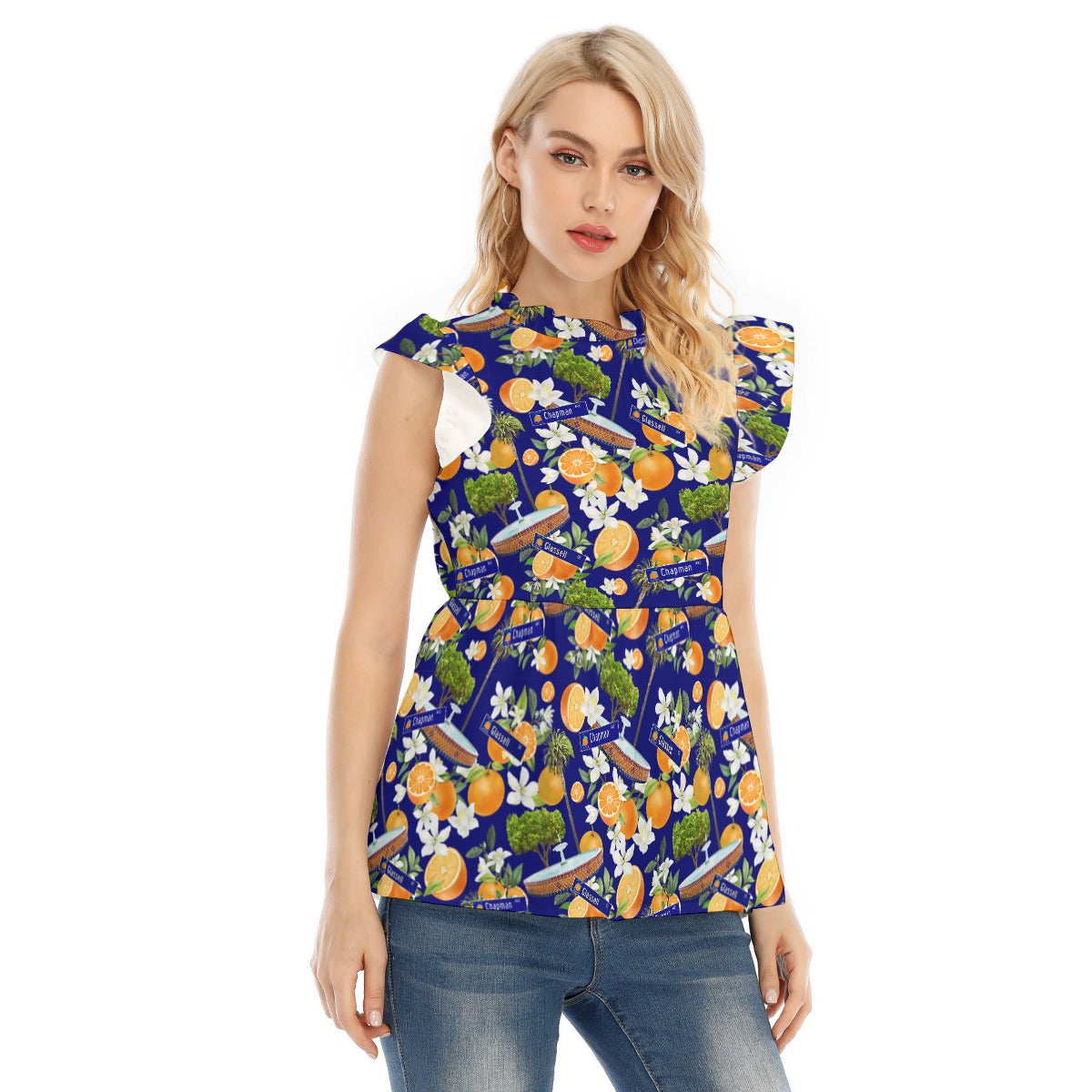 Old Towne Hawaiian All-Over Print Women's Blouse With Lotus Leaf Lace